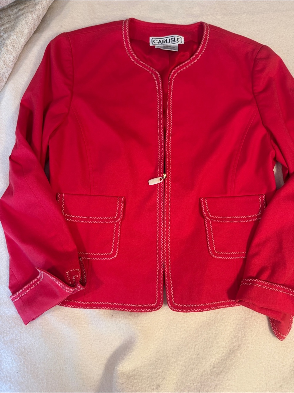 Carlisle Bright Red Zip-Front Blazer with Contrast Topstitching